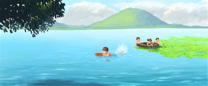 儿童划船背景jpg设计背景_新图网 https://ixintu.com 海报banner 儿童 划船 卡通 河水 童趣 手绘