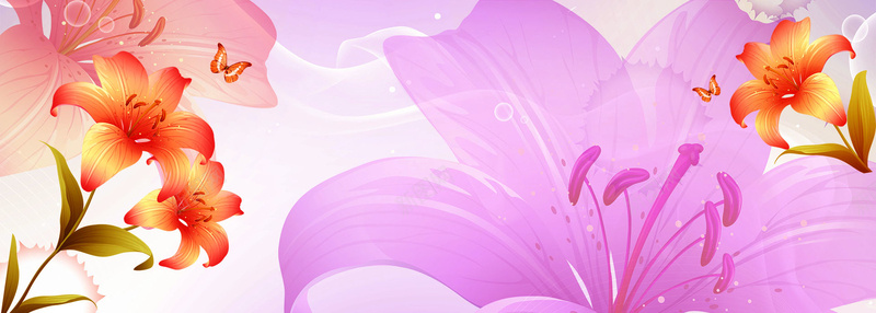 卡通百合花卉背景jpg设计背景_新图网 https://ixintu.com 卡通 橘色 百合 紫色 花卉 海报banner 童趣 手绘