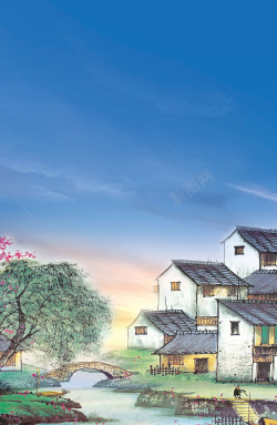 柳树模板手绘江南小镇旅行海报psd高清图片