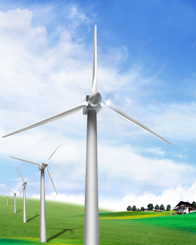风车绿色环保能源海jpg设计背景_新图网 https://ixintu.com 能源海报 环保 绿色 风能 风车 环保能源 风力发电 草地 蓝天