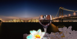 红酒瓶子高脚杯城市夜景高脚杯红酒广告背景素材高清图片