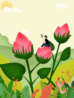 传统花丛手绘插画花丛小暑海报背景模板高清图片