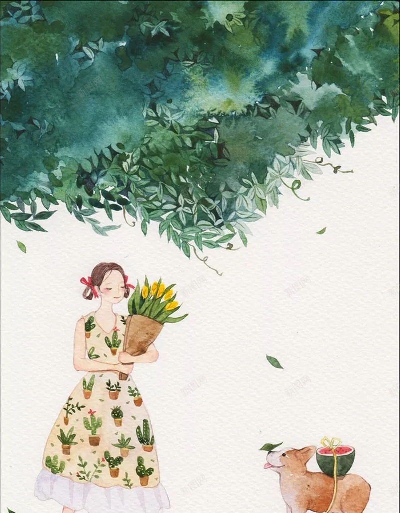 绿荫下的少女海报设计psd设计背景_新图网 https://ixintu.com 少女 枝叶 清凉 绿荫 裙子 绿树 小狗 西瓜 夏季