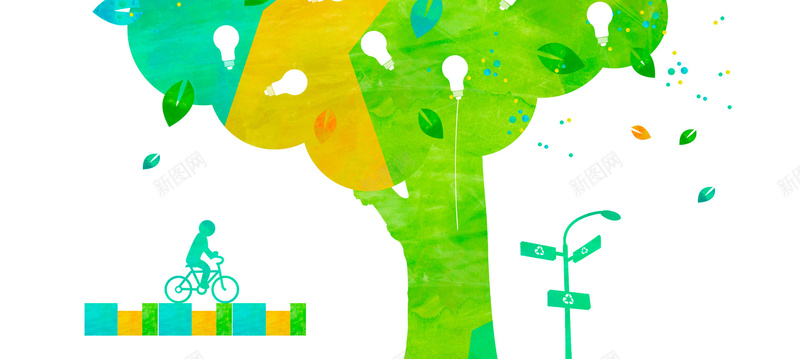插画背景jpg设计背景_新图网 https://ixintu.com 清新 绿色 能源 节能 低碳 指示牌 海报banner 卡通 童趣 手绘