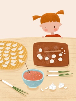 包饺子的女孩中国传统美食清新饺子原创插画高清图片