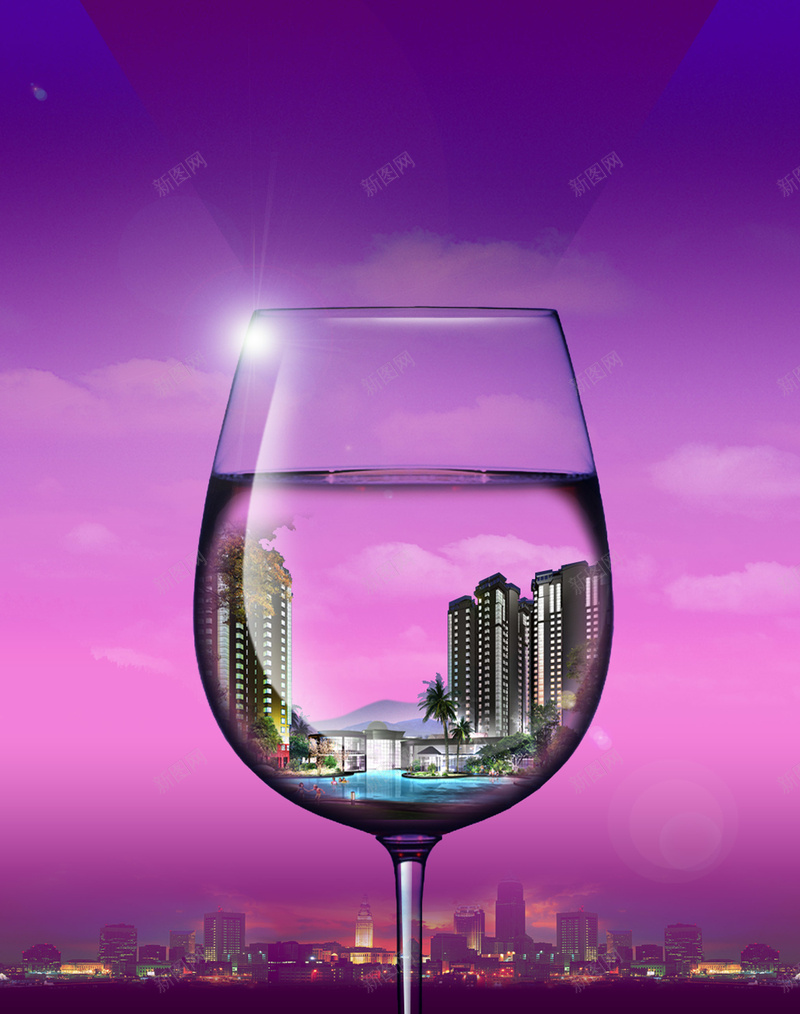 酒杯上的建筑psd设计背景_新图网 https://ixintu.com 地产 建筑 深沉 紫色 酒杯 科技 科幻 商务