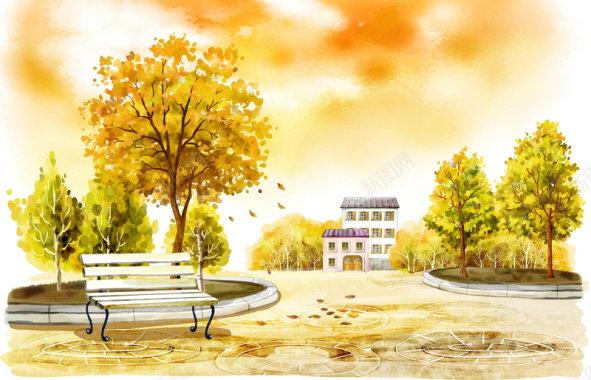 手绘幼儿园插画庄园长椅秋天大树背景
