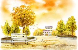 手绘幼儿园插画庄园长椅秋天大树背景