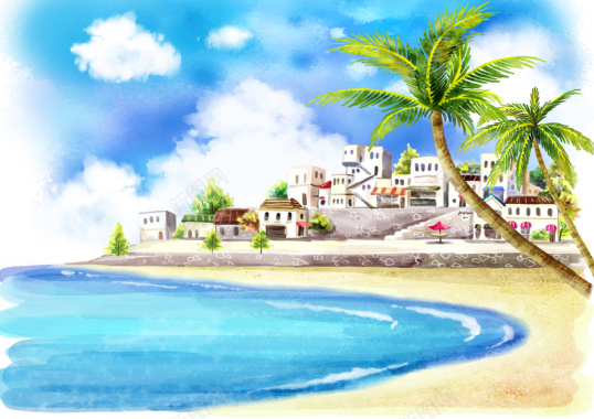 清凉夏日沙滩风景插画背景模板背景