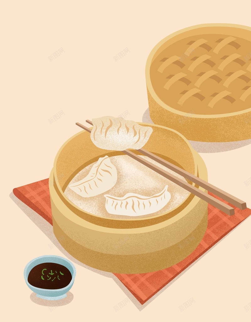 美食暖色清新饺子插画psd设计背景_新图网 https://ixintu.com 原创插画 插画 美食 蒸笼 饺子 蒸饺 饺子插画 传统美食 中国美食 冬至 醋