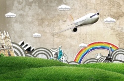 科技现代手绘彩虹背景飞机起飞的现代科技图片高清图片