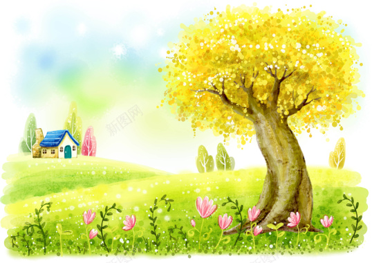 手绘幼儿园插画黄色大树草地背景背景