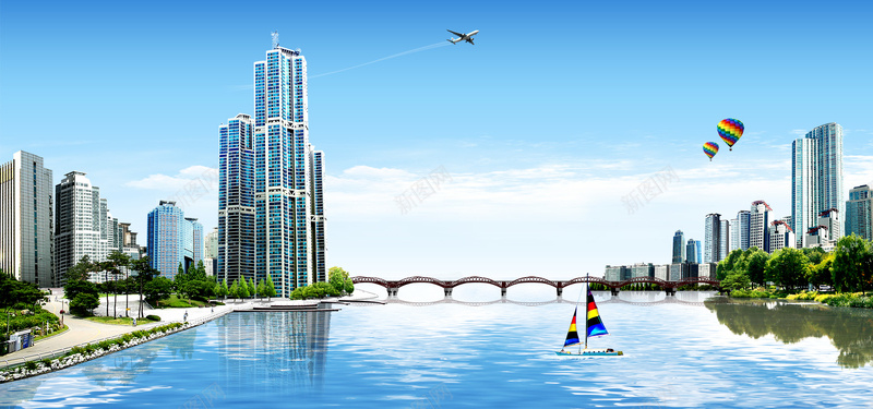 现代科技背景jpg设计背景_新图网 https://ixintu.com 海报banner 湖面 科技 树 船 科幻 商务