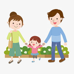 小孩子牵手散步通用节日彩色卡通手绘一家人散步高清图片