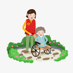 自推轮椅卡通志愿者服务帮助老年人高清图片