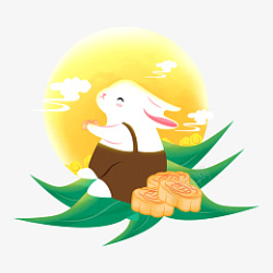 手绘中秋节坐在月亮下吃月饼的可爱兔子素材