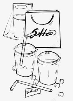 奶茶黑白线描饮品和打包袋高清图片