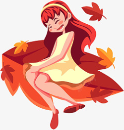 秋天骑在枫叶上的小女孩素材