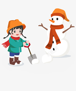 戴帽子小孩冬季卡通女孩子堆雪人高清图片