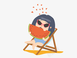 夏天海边度假游泳夏日度假小女孩吃西瓜插画高清图片