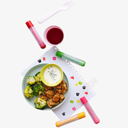 彩笔和一盘食物素材