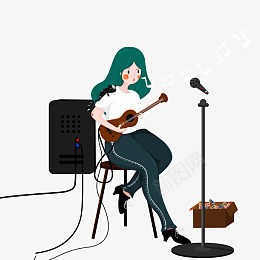 卡通时尚女孩在吉它png免抠素材_新图网 https://ixintu.com 电子吉它 麦克风 吉他 唱歌 女孩 纸箱 街头 话筒 音符 音箱