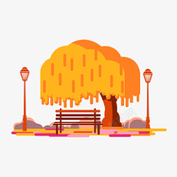矢量公园户外座椅秋分秋天卡通树黄色秋天氛围路灯高清图片