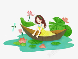 池上荷花池上小船里的女孩高清图片