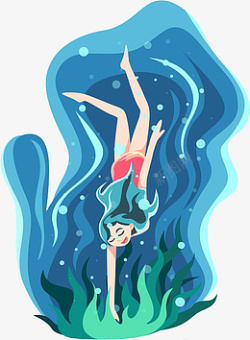 游泳的女生插画元素素材