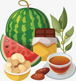 西瓜茶卡通水果一堆下午茶高清图片