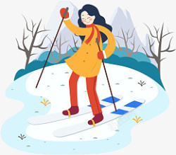 卡通冬天滑雪小女孩插画素材