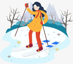 卡通冬天滑雪小女孩素材