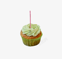 点蜡烛的小蛋糕绿色包装的纸杯蛋糕高清图片