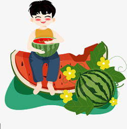 吃西瓜的小男孩原创夏天小男孩坐在西瓜上吃西瓜高清图片