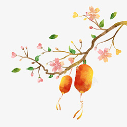 桃花与灯笼水彩春节装饰桃花灯笼高清图片