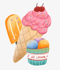 一个甜筒冰淇淋手绘卡通冰激凌集合高清图片