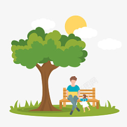 矢量公园户外座椅卡通插画风大树下的父女仪高清图片