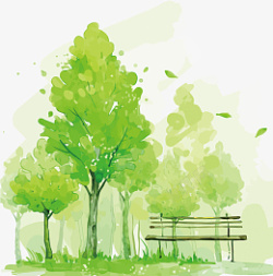 高清手绘清新水彩风绿树公园座椅插画素材素材