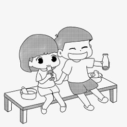 短发小男孩短发小女孩和一个小男孩在吃早餐高清图片