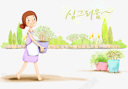 整理盆栽花的女孩素材