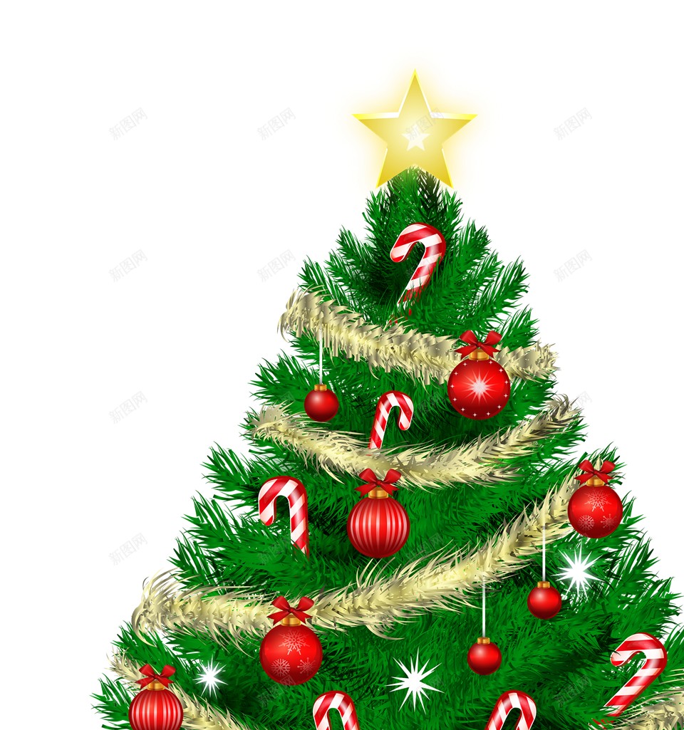 绿色圣诞树可爱的圣诞元素png免抠素材_新图网 https://ixintu.com 圣诞树 绿色 彩色装饰 五角星 金色星星 金色拉花 环绕 蝴蝶结 红球挂饰  圣诞节 拐杖 圣诞元素 