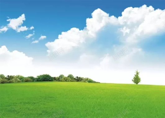 白云绿草地蓝天背景