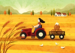 开拖拉机人物夏天立夏二十四节气手绘人物拖拉机麦子高清图片