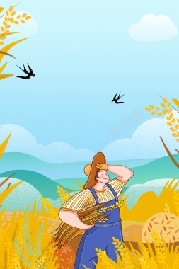 夏天立夏二十四节气手绘人物麦子燕子青山背景