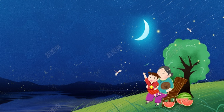 立夏二十四节气月亮手绘人物西瓜背景
