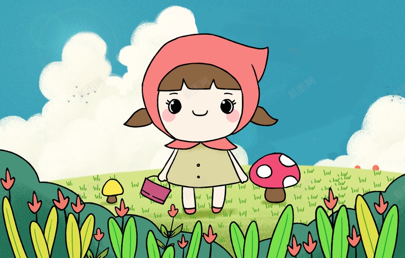 儿童画女孩蘑菇蓝天psd设计背景_新图网 https://ixintu.com 儿童画 女孩 蓝天 蘑菇