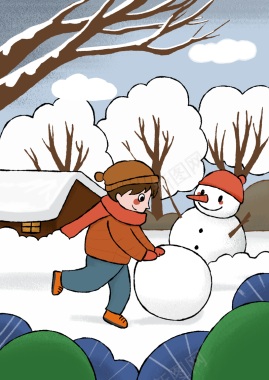 冬天儿童画男孩子雪人背景