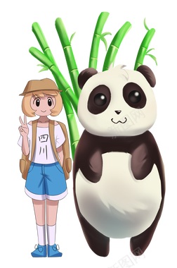 竹子前和大熊猫照相的可爱女孩背景