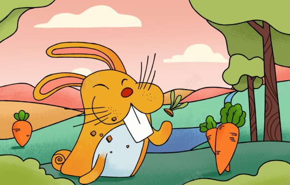 儿童画兔子夕阳森林背景
