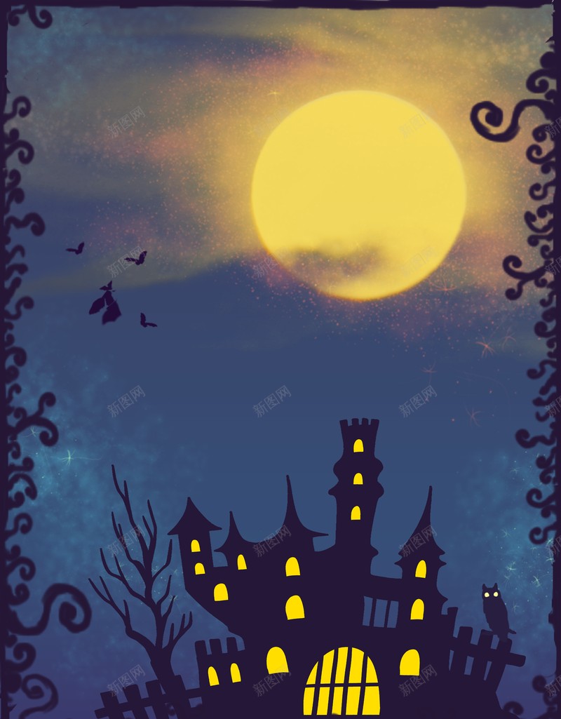 万圣节蝙蝠月亮城堡边框psd设计背景_新图网 https://ixintu.com 万圣节 蝙蝠 月亮 城堡 边框